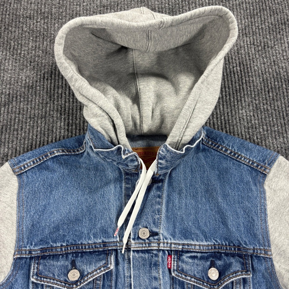 Levi's Denim Trucker Hoodie Jacket Mens Small Blue Grey Hybrid Sweatshirt Sleeve